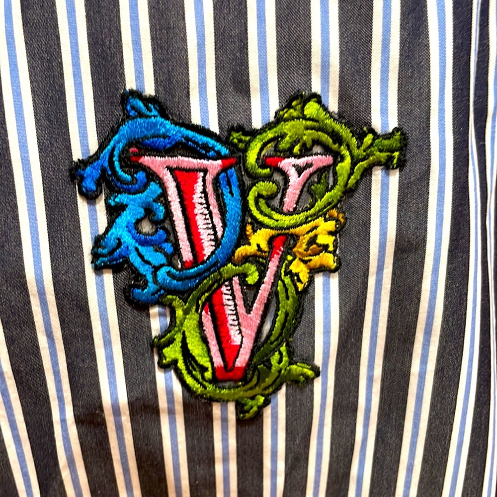 New Versace Mens Cotton Striped Embroidered Button Down Dress Shirt, Size 41